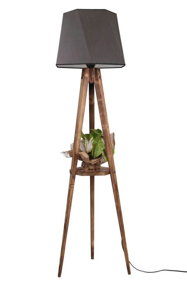 Tripod Yanık Sehpalı Altıgen Koyu Gri Hasır Abajurlu Lambader 