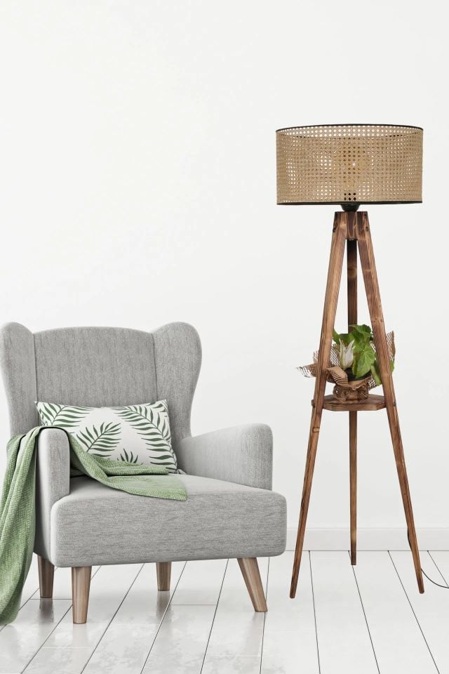 Tripod Yanık Sehpalı Rattan Abajurlu Lambader 