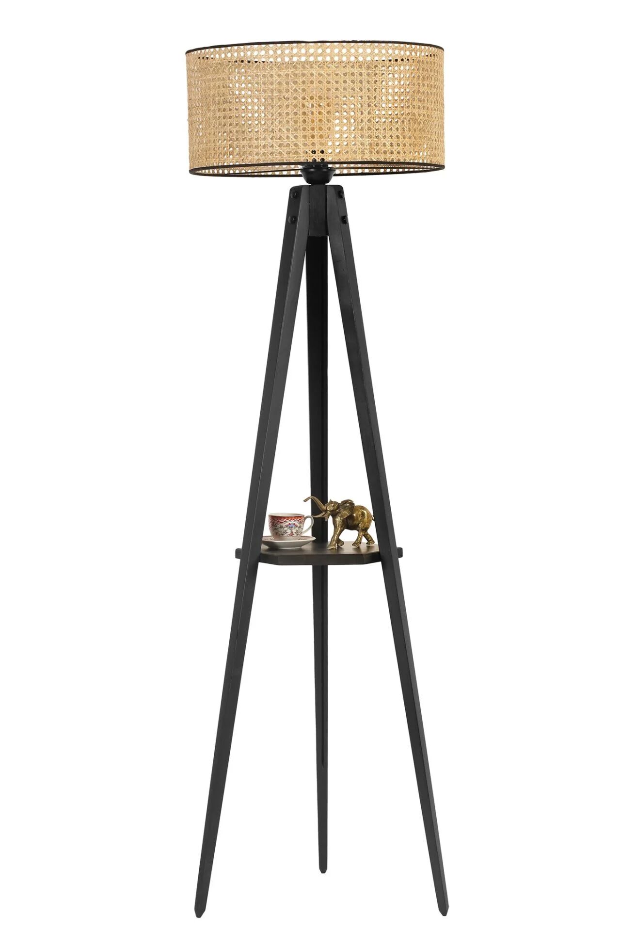 Tripod Siyah Sehpalı Rattan Abajurlu Lambader