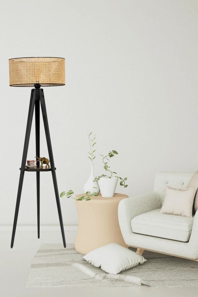 Tripod Siyah Sehpalı Rattan Abajurlu Lambader 