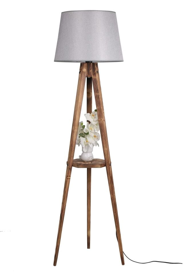 Tripod Yanık Sehpalı Piramit Hasır Gri Abajurlu Lambader 