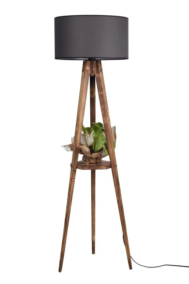 Tripod Yanık Sehpalı Silindir Hasır Koyu Gri Abajurlu Lambader 