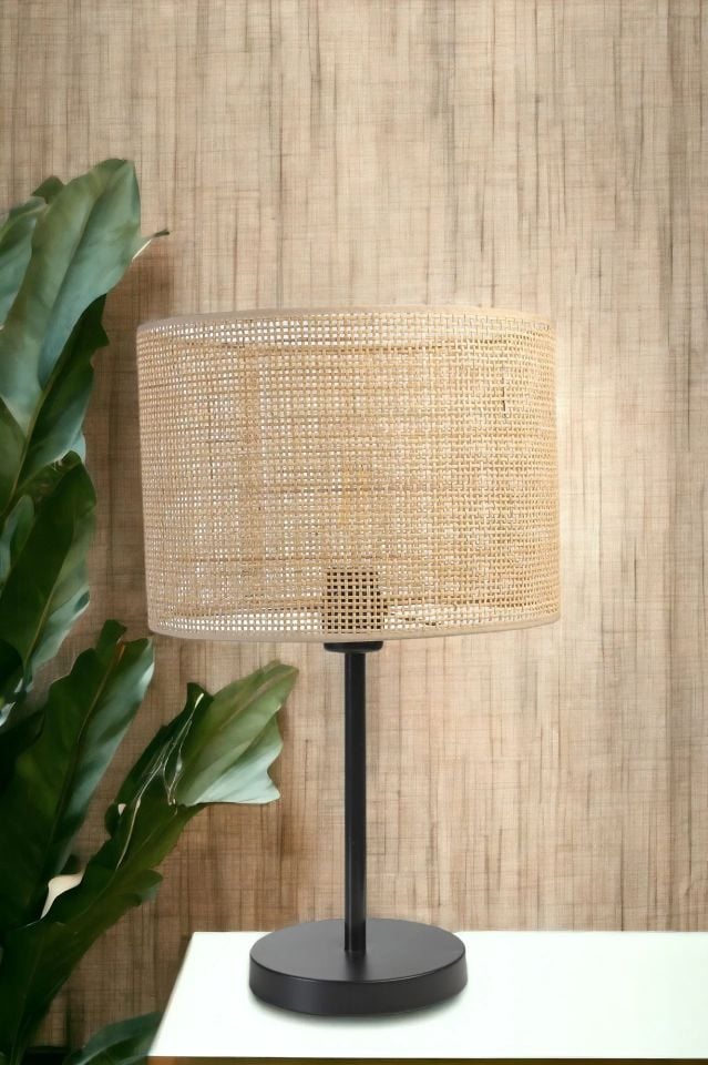 Örgülü Rattan Abajurlu Masa Lambası Siyah 