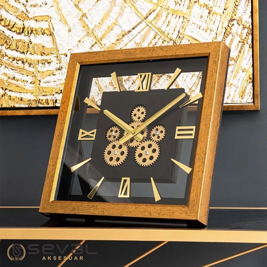 40 CM Gold Kare Çerçeveli Çarklı Camlı Masa ve Duvar Saati