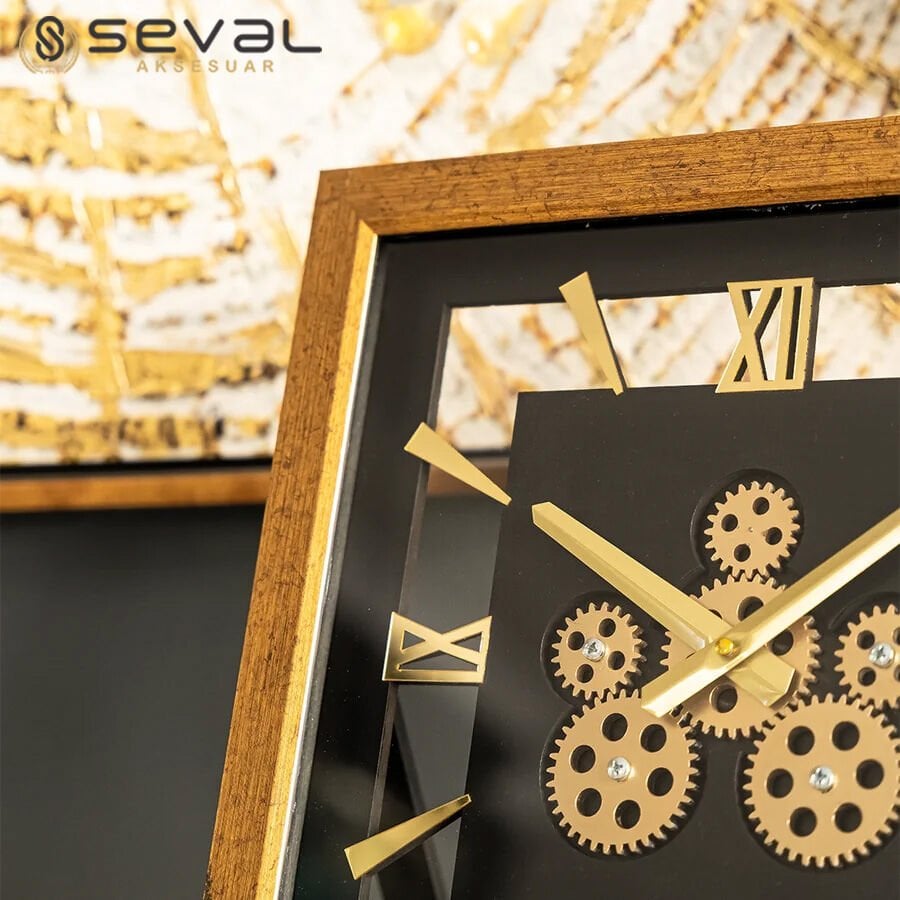 40 CM Gold Kare Çerçeveli Çarklı Camlı Masa ve Duvar Saati