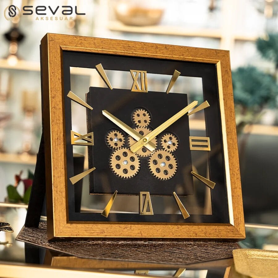 40 CM Gold Kare Çerçeveli Çarklı Camlı Masa ve Duvar Saati