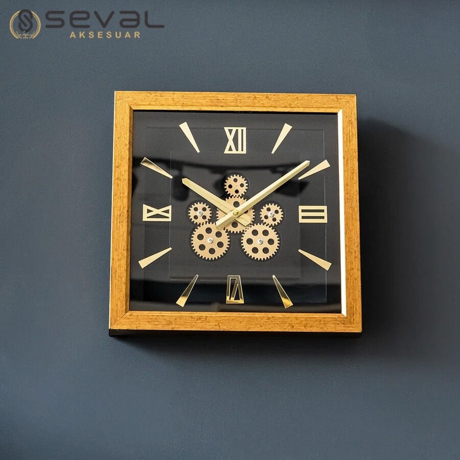 40 CM Gold Kare Çerçeveli Çarklı Camlı Masa ve Duvar Saati