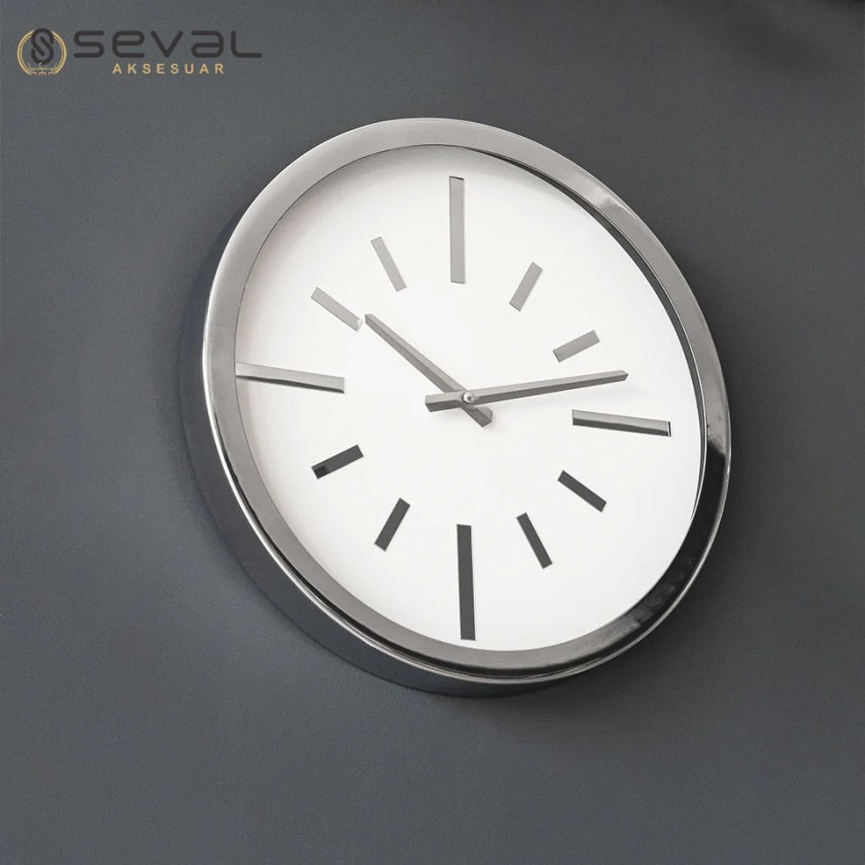 40 CM Gümüş Metal Camlı Duvar Saati,Metal Camlı Duvar Saati