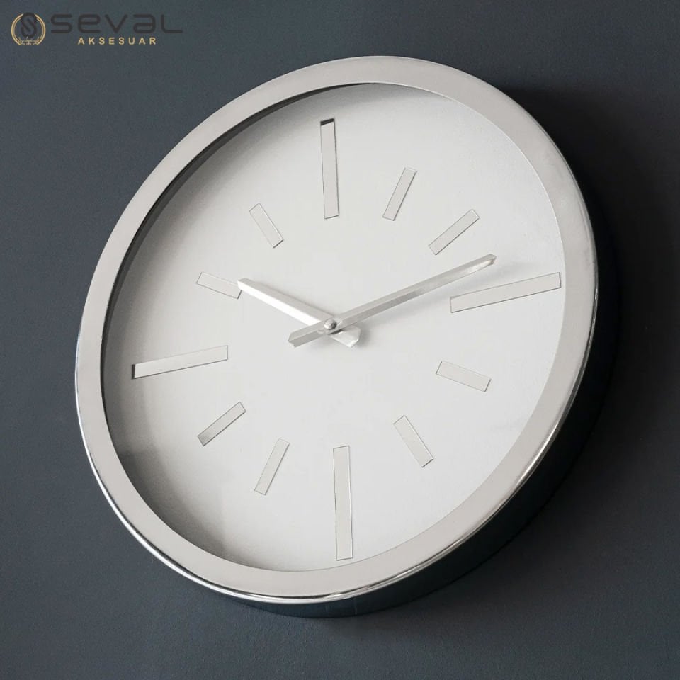 40 CM Gümüş Metal Camlı Duvar Saati,Metal Camlı Duvar Saati