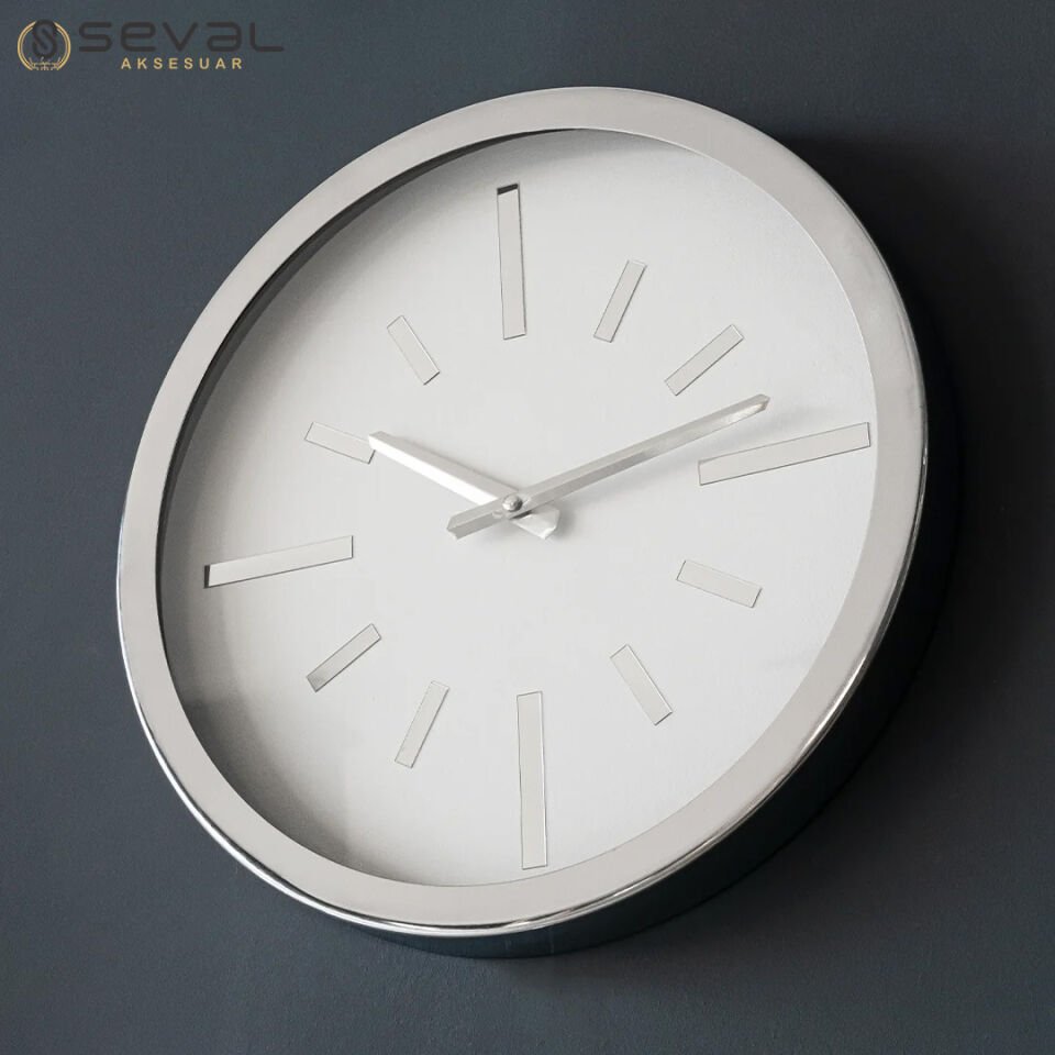 40 CM Gümüş Metal Camlı Duvar Saati,Metal Camlı Duvar Saati