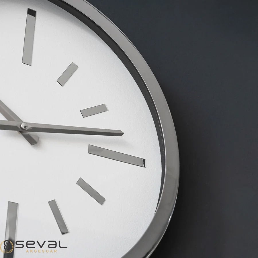 40 CM Gümüş Metal Camlı Duvar Saati,Metal Camlı Duvar Saati