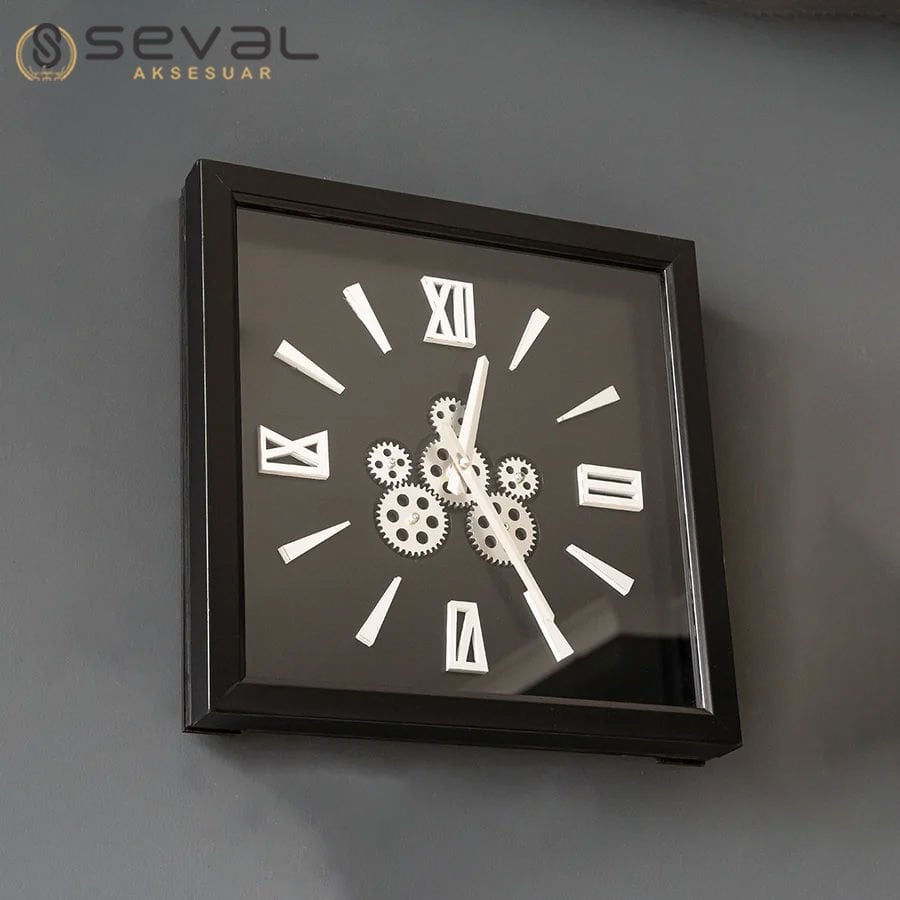 40 CM Kare Siyah Gümüş Çarklı Masa ve Duvar Saati