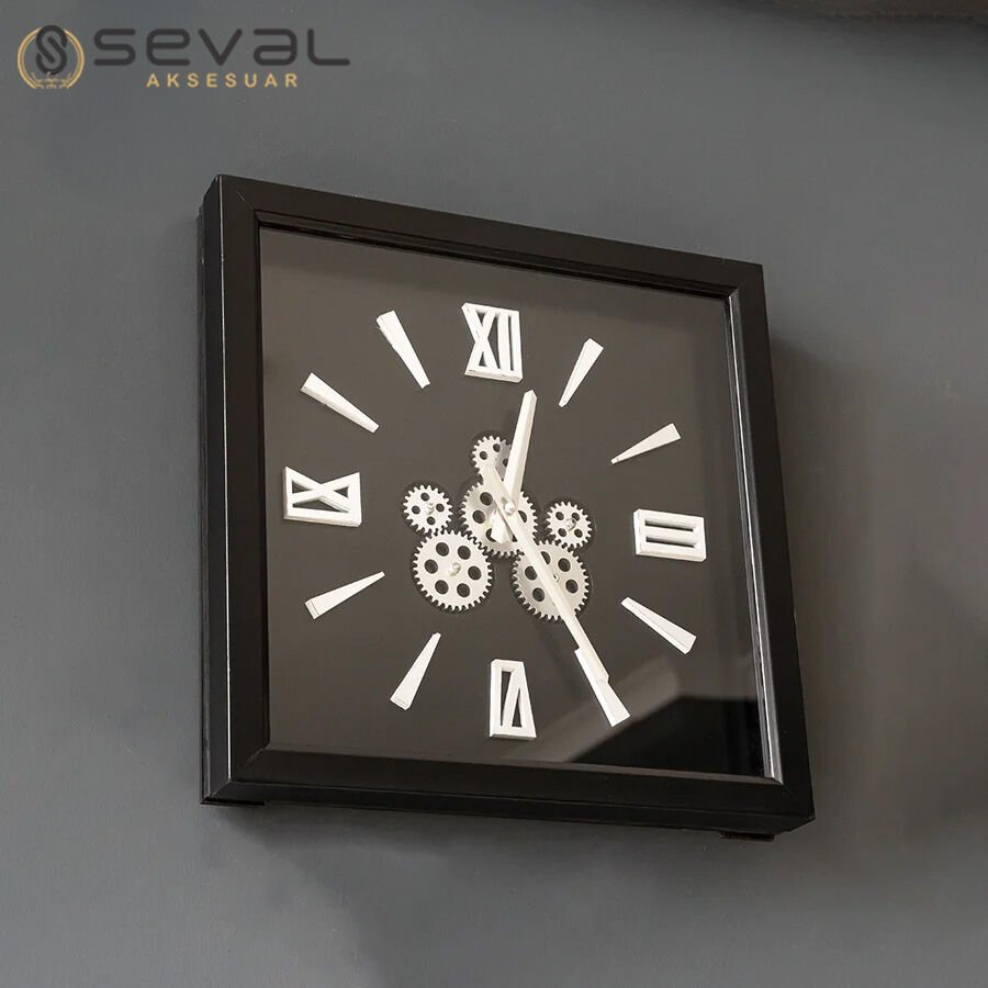 40 CM Kare Siyah Gümüş Çarklı Masa ve Duvar Saati