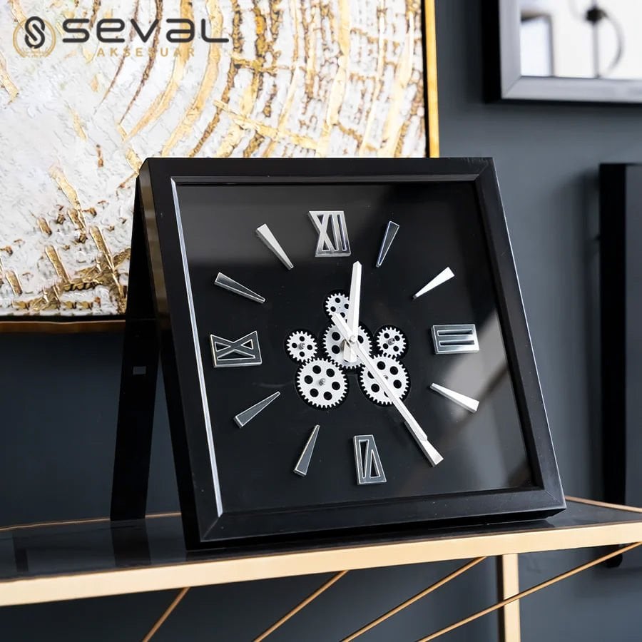 40 CM Kare Siyah Gümüş Çarklı Masa ve Duvar Saati