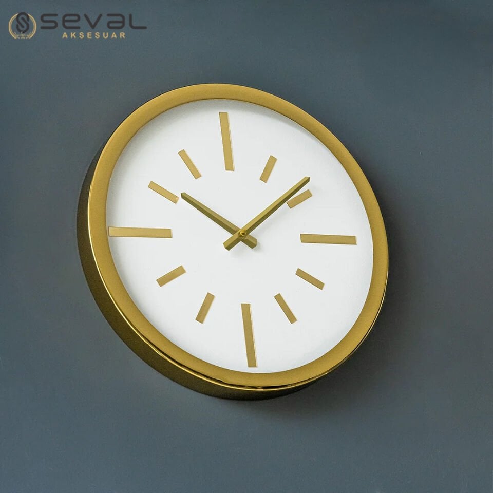 40 CM Metal Gold Beyaz Camlı Duvar Saati,Metal Camlı Duvar Saati