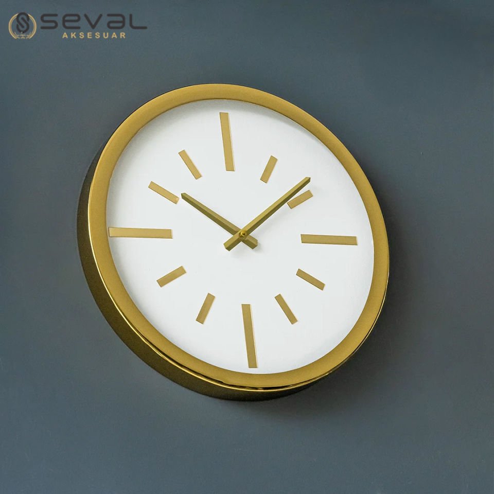 40 CM Metal Gold Beyaz Camlı Duvar Saati,Metal Camlı Duvar Saati