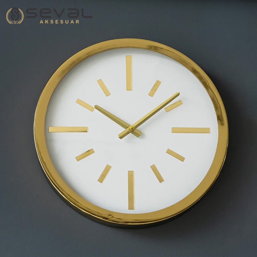 40 CM Metal Gold Beyaz Camlı Duvar Saati,Metal Camlı Duvar Saati