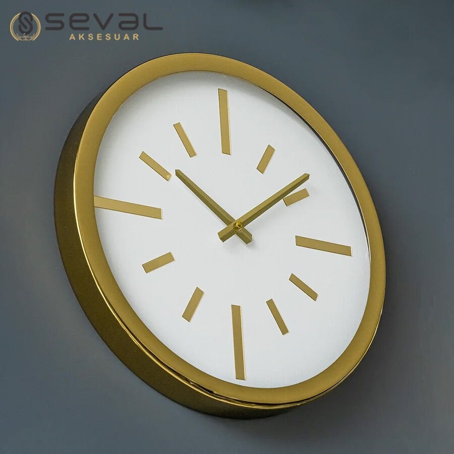 40 CM Metal Gold Beyaz Camlı Duvar Saati,Metal Camlı Duvar Saati