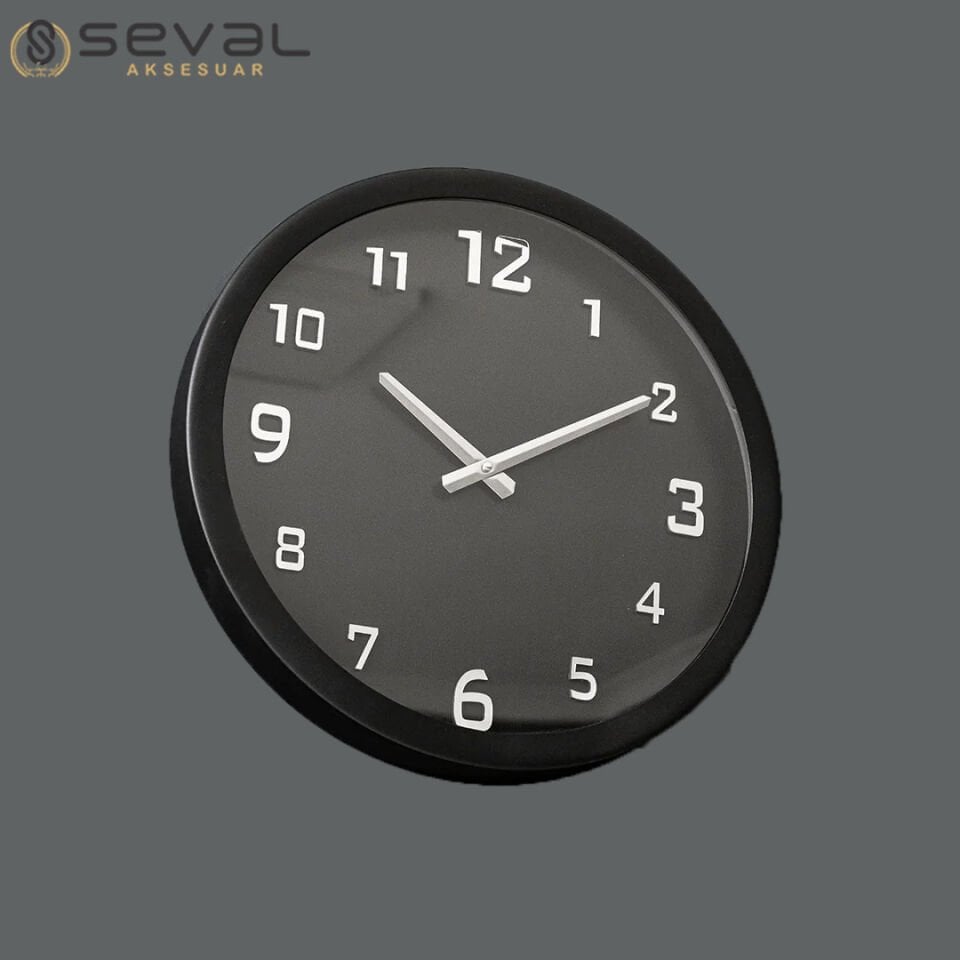 40 CM Siyah Gümüş Metal Camlı Duvar Saati,Metal Camlı Duvar Saati