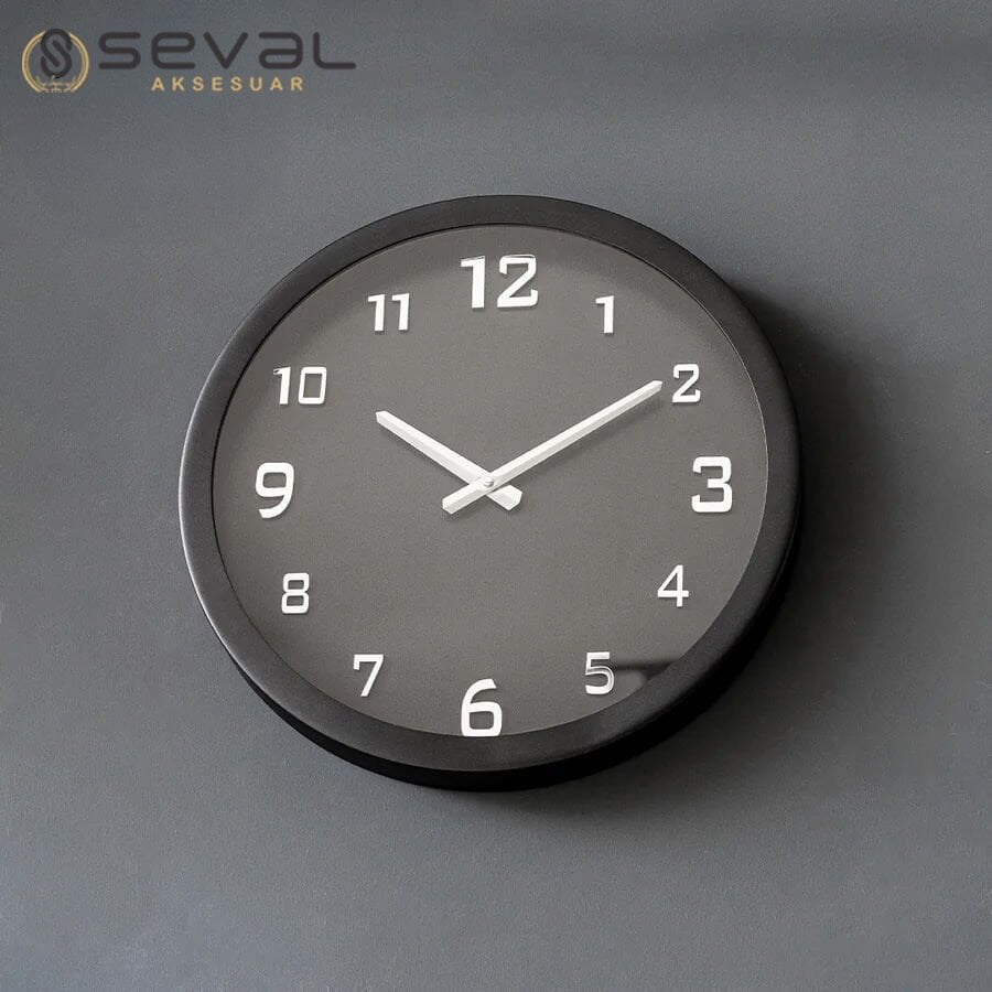40 CM Siyah Gümüş Metal Camlı Duvar Saati,Metal Camlı Duvar Saati