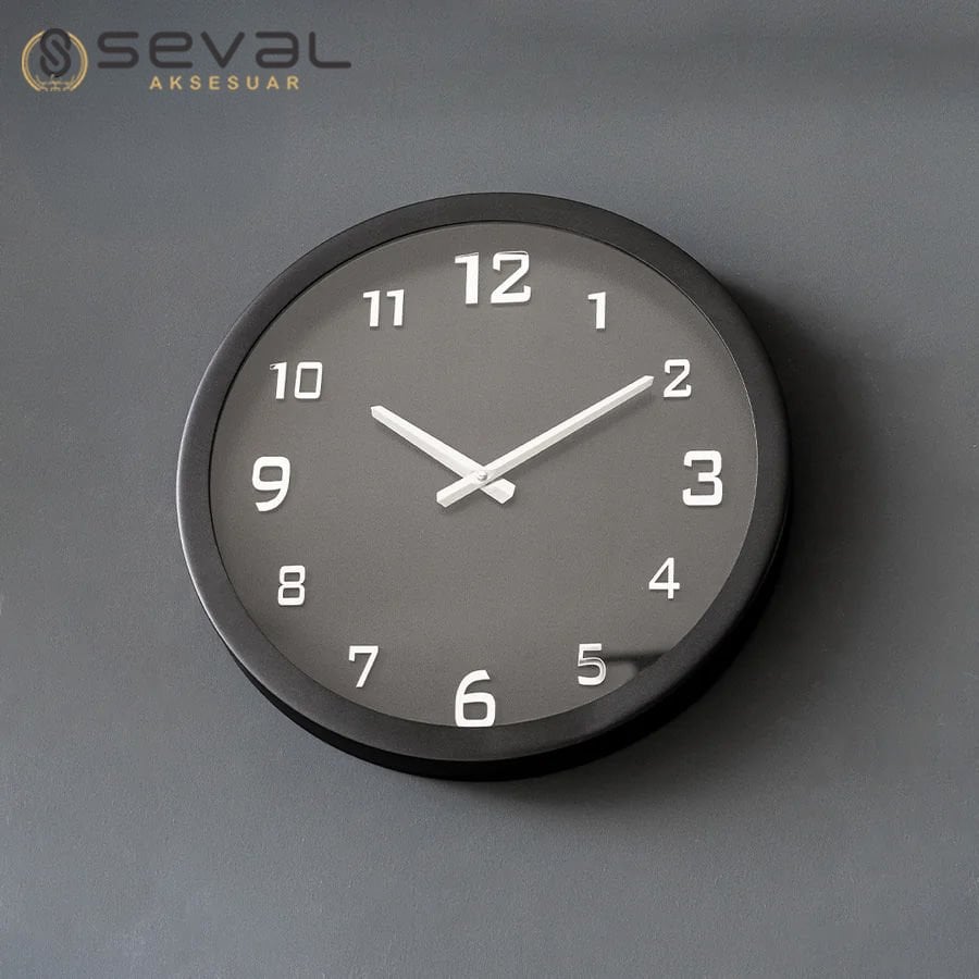 40 CM Siyah Gümüş Metal Camlı Duvar Saati,Metal Camlı Duvar Saati