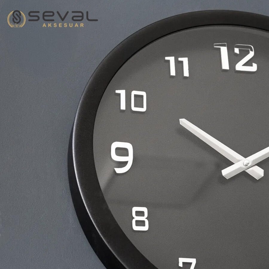 40 CM Siyah Gümüş Metal Camlı Duvar Saati,Metal Camlı Duvar Saati