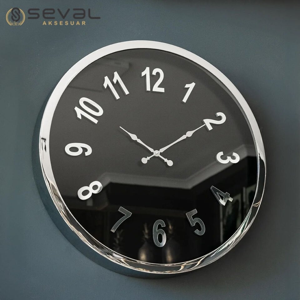 60 CM Gümüş Metal Camlı Duvar Saati,Metal Çerçeveli Duvar Saati