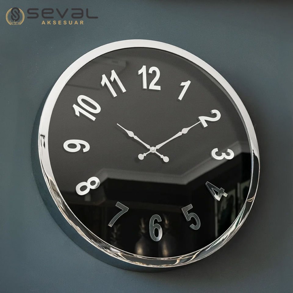 60 CM Gümüş Metal Camlı Duvar Saati,Metal Çerçeveli Duvar Saati