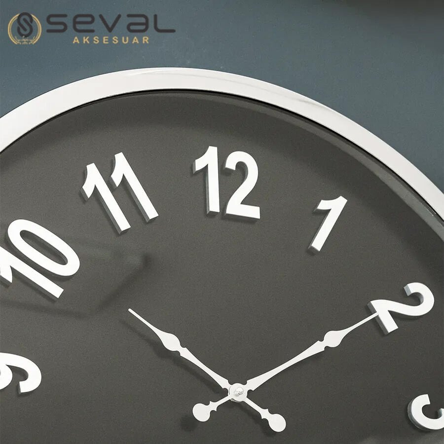 60 CM Gümüş Metal Camlı Duvar Saati,Metal Çerçeveli Duvar Saati