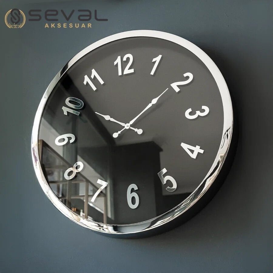 60 CM Gümüş Metal Camlı Duvar Saati,Metal Çerçeveli Duvar Saati
