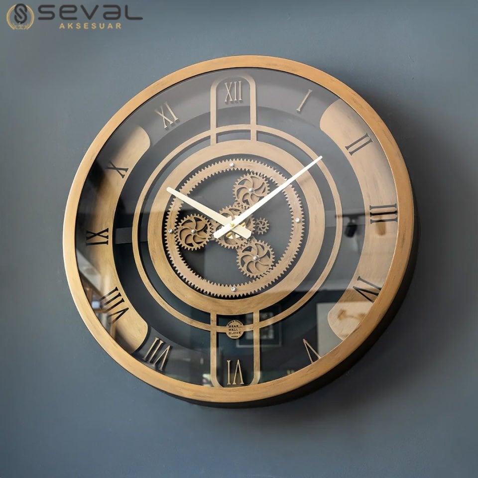 60 CM Metal Eskitme Döner Çarklı Camlı Duvar Saati,Metal Salon Ofis Duvar Saati 