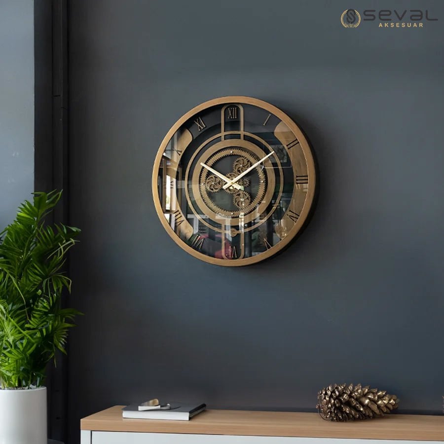 60 CM Metal Eskitme Döner Çarklı Camlı Duvar Saati,Metal Salon Ofis Duvar Saati 