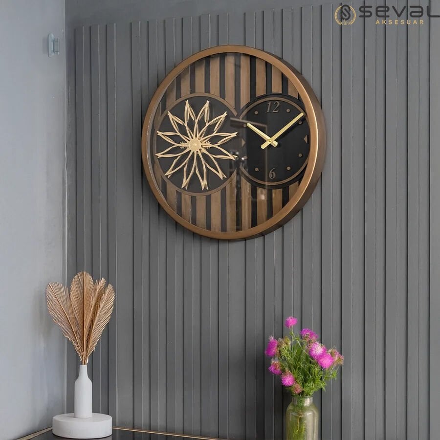 60 CM Metal Eskitme Örüntülü Pervane Çarklı Camlı Duvar Saati,Metal Salon Ofis Duvar Saati 