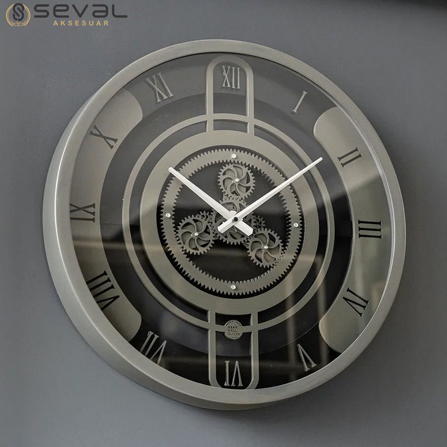 60 CM Metal Eskitme-Hâki Döner Çarklı Camlı Duvar Saati,Metal Salon Ofis Duvar Saati