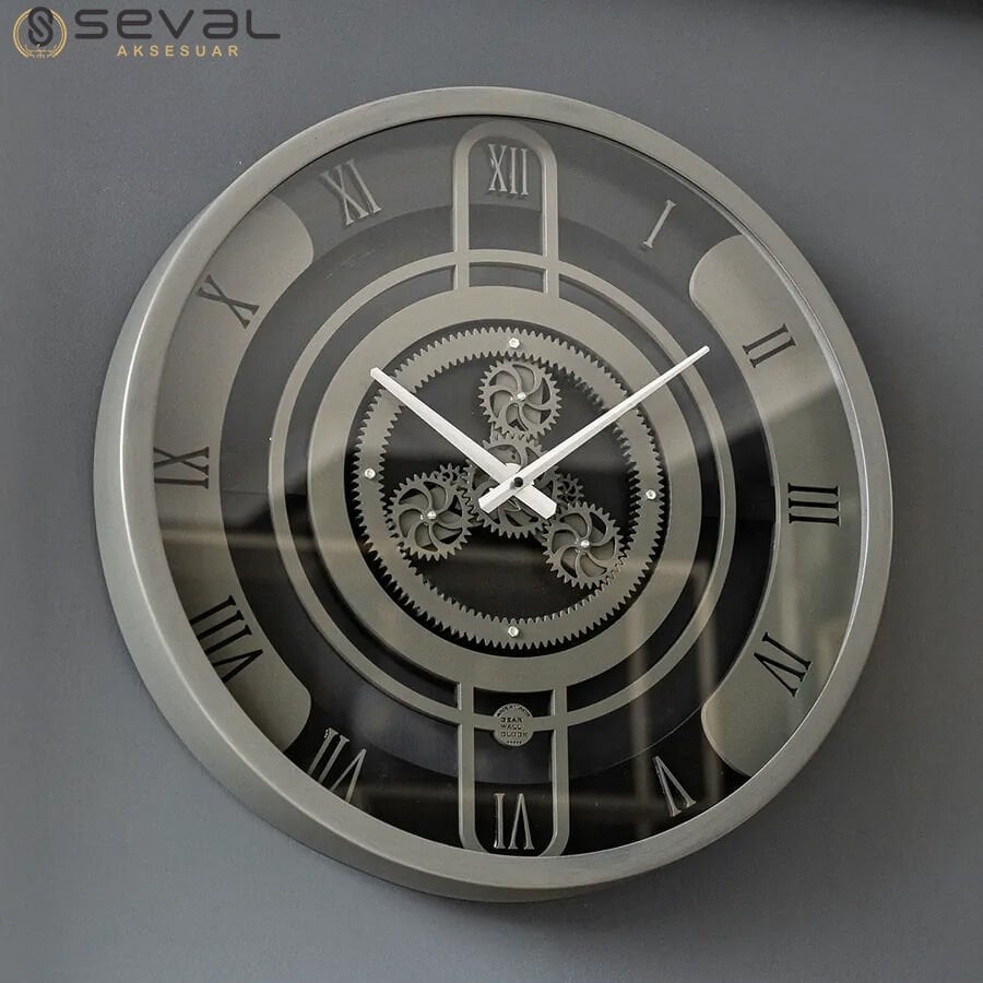 60 CM Metal Eskitme-Hâki Döner Çarklı Camlı Duvar Saati,Metal Salon Ofis Duvar Saati