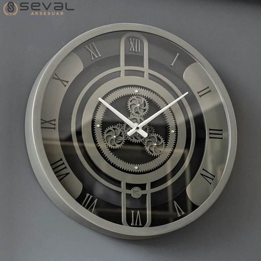 60 CM Metal Eskitme-Hâki Döner Çarklı Camlı Duvar Saati,Metal Salon Ofis Duvar Saati