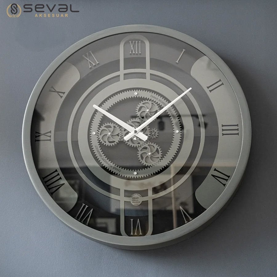 60 CM Metal Eskitme-Hâki Döner Çarklı Camlı Duvar Saati,Metal Salon Ofis Duvar Saati