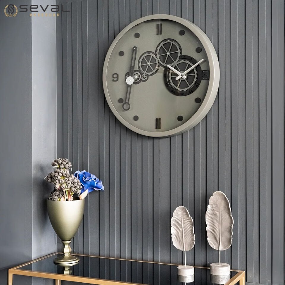 60 CM Metal Eskitme-Hâki Renkli Elektronik Sarkaçlı Çarklı Camlı Duvar Saati,Metal Salon Ofis Duvar Saati 