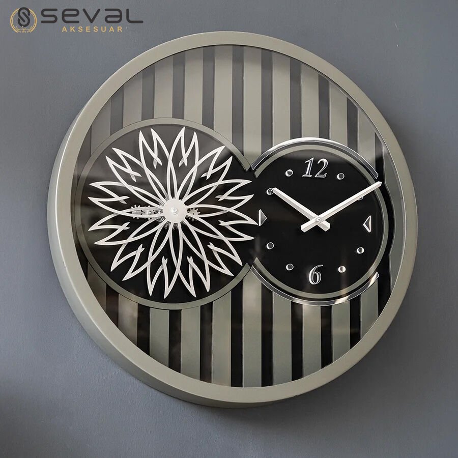 60 CM Metal Haki-Gümüş Örüntülü Pervane Çarklı Camlı Duvar Saati,Metal Salon Ofis Duvar Saati