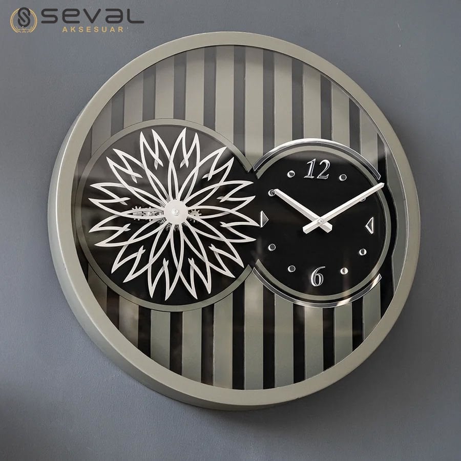 60 CM Metal Haki-Gümüş Örüntülü Pervane Çarklı Camlı Duvar Saati,Metal Salon Ofis Duvar Saati