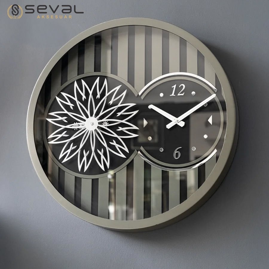 60 CM Metal Haki-Gümüş Örüntülü Pervane Çarklı Camlı Duvar Saati,Metal Salon Ofis Duvar Saati 