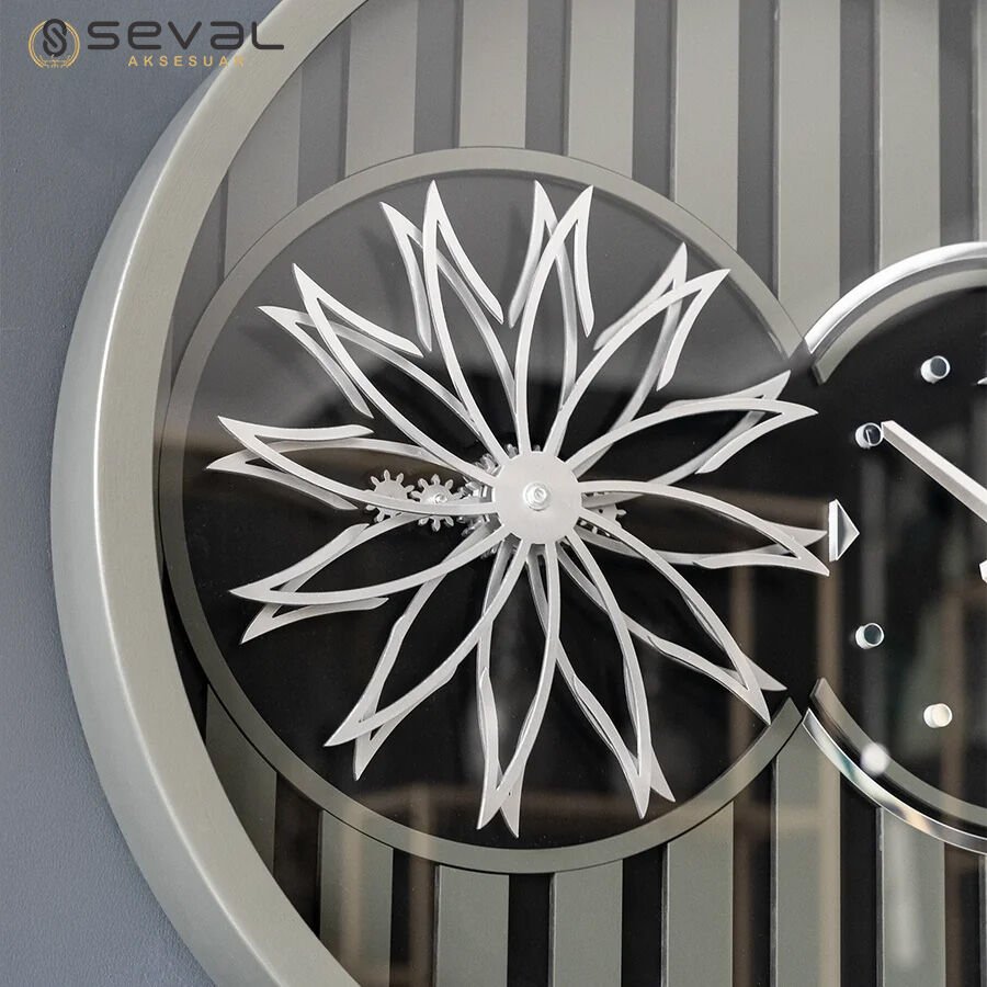 60 CM Metal Haki-Gümüş Örüntülü Pervane Çarklı Camlı Duvar Saati,Metal Salon Ofis Duvar Saati