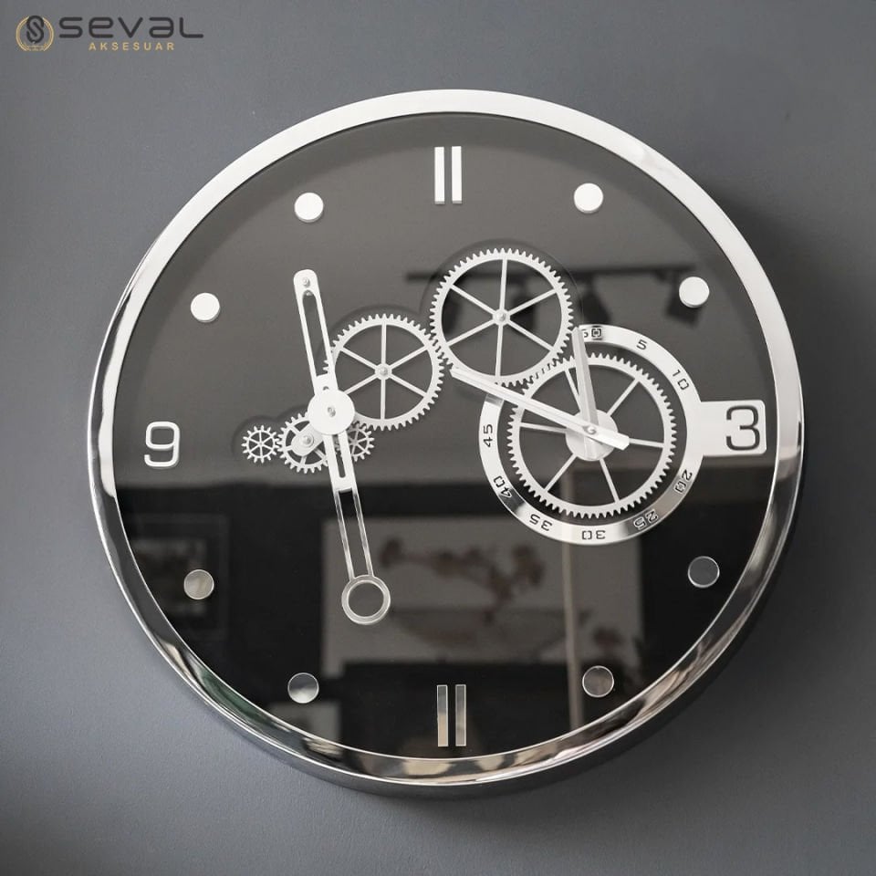 60 CM Metal Parlak Gümüş Elektronik Sarkaçlı Çarklı Camlı Duvar Saati,Metal Salon Ofis Duvar Saati