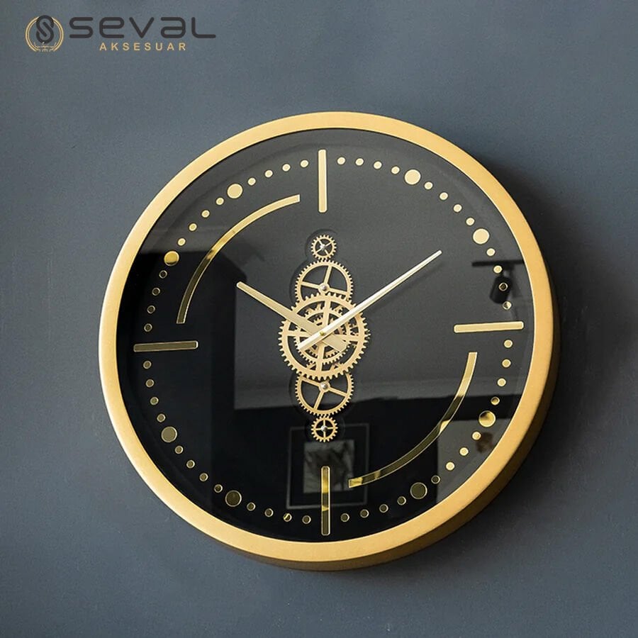 60 CM Premium Gold Metal Döner Çarklı Camlı Duvar Saati,Metal Çerçeveli Salon Ofis Duvar Saati 