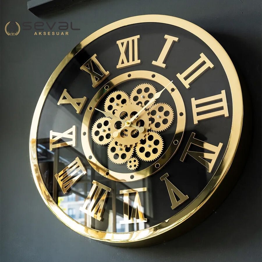 60 CM Premium Gold Metal Döner Çarklı Camlı Duvar Saati,Metal Çerçeveli Salon Ofis Duvar Saati 