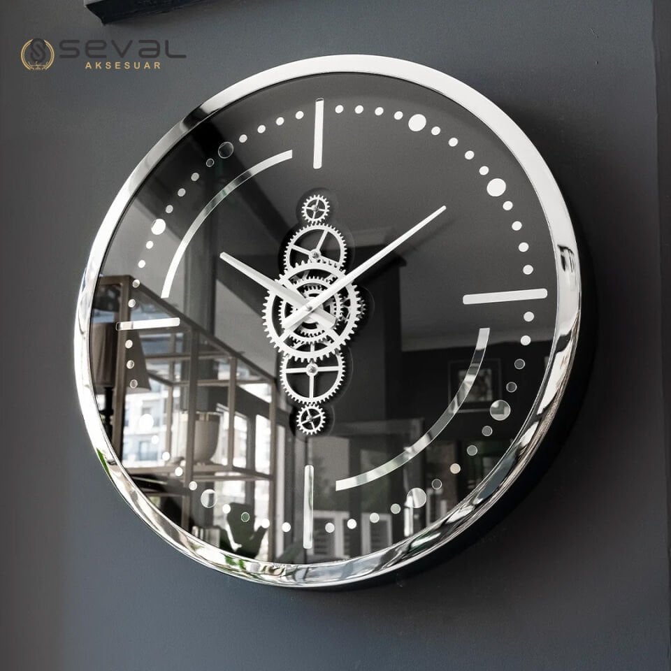 60 CM Premium Gümüş Metal Döner Çarklı Camlı Duvar Saati,Metal Çerçeveli Salon Ofis Duvar Saati 