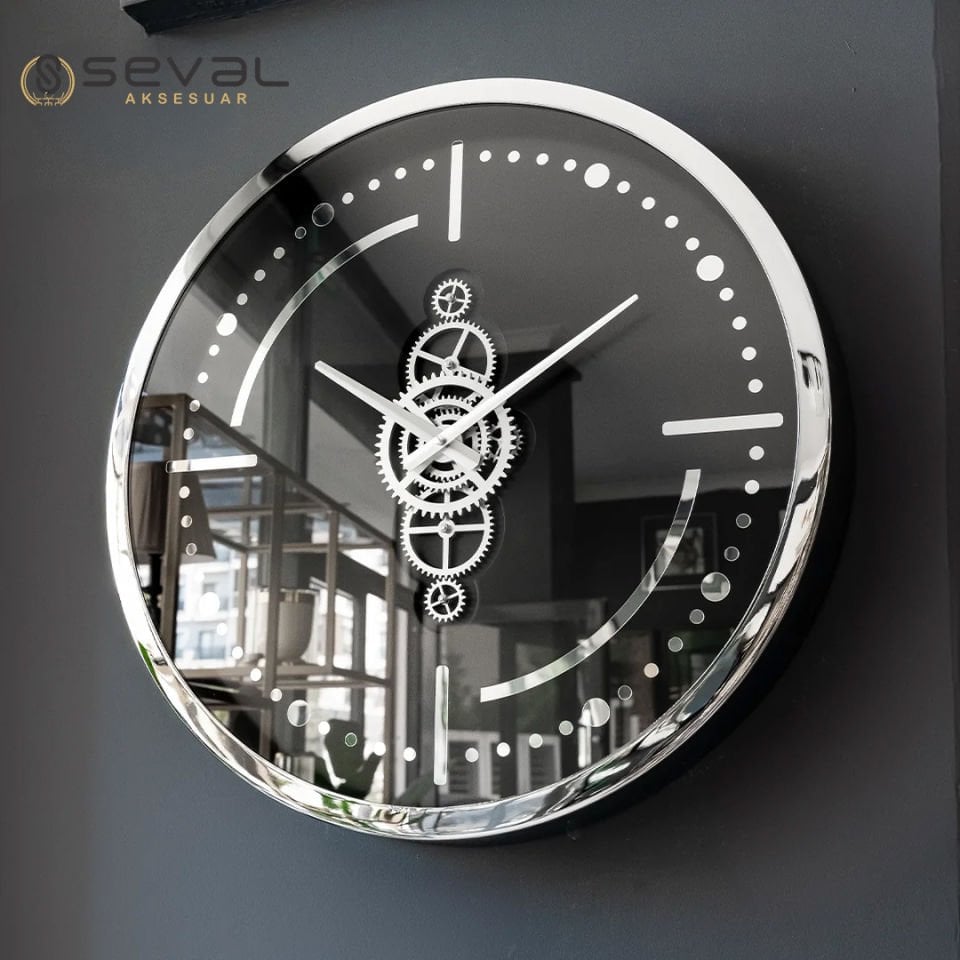 60 CM Premium Gümüş Metal Döner Çarklı Camlı Duvar Saati,Metal Çerçeveli Salon Ofis Duvar Saati 
