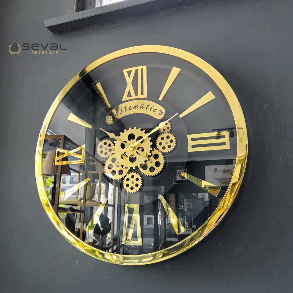 60 CM Premium Metal Gold Döner Çarklı Camlı Duvar Saati,Metal Çerçeveli Salon Ofis Duvar Saati 