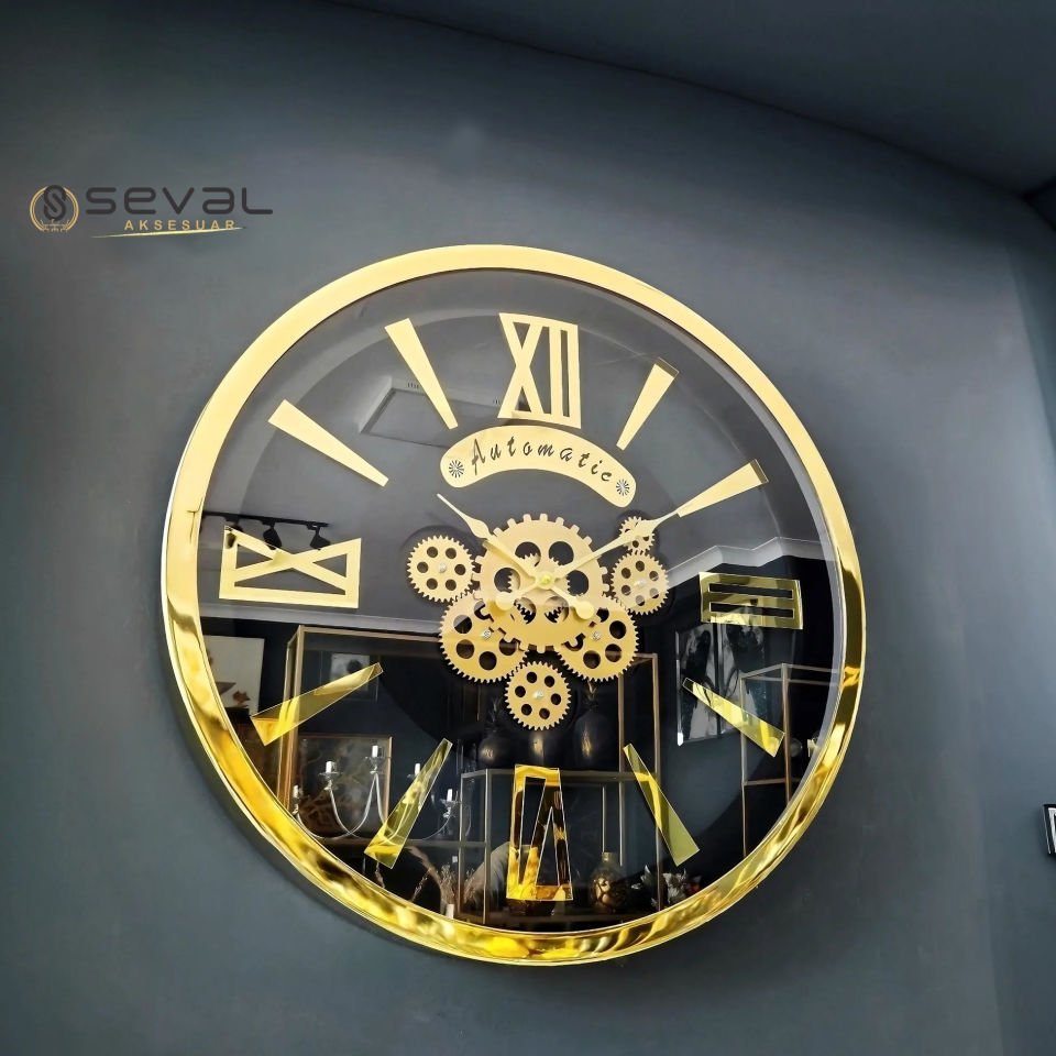 60 CM Premium Metal Gold Döner Çarklı Camlı Duvar Saati,Metal Çerçeveli Salon Ofis Duvar Saati 