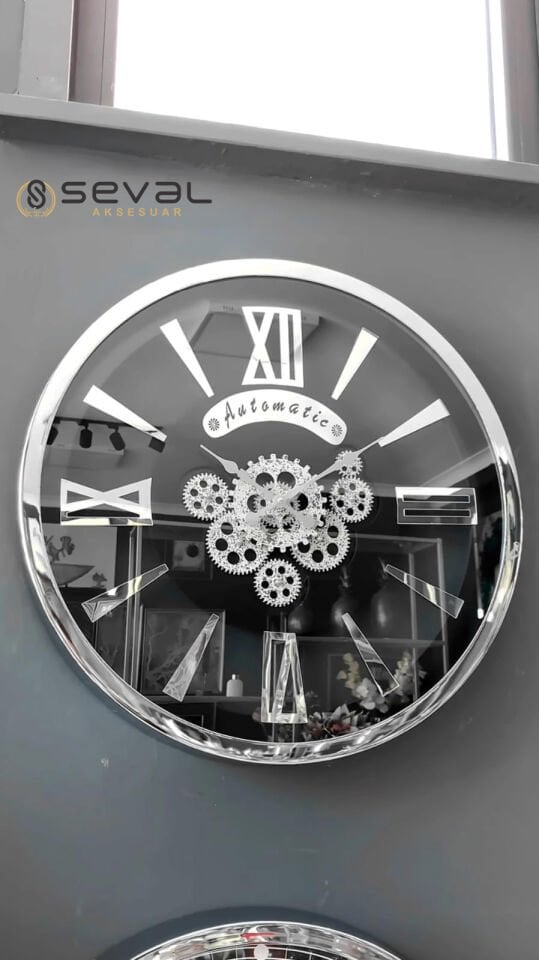 60 CM Premium Metal Gümüş Döner Çarklı Camlı Duvar Saati,Metal Çerçeveli Salon Ofis Duvar Saati 